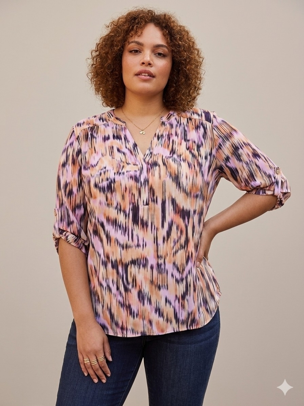 Torrid Harper Georgette Blouse 3/4 Roll-Tab Sleeve Multicolor Ikat Plus Size 4
